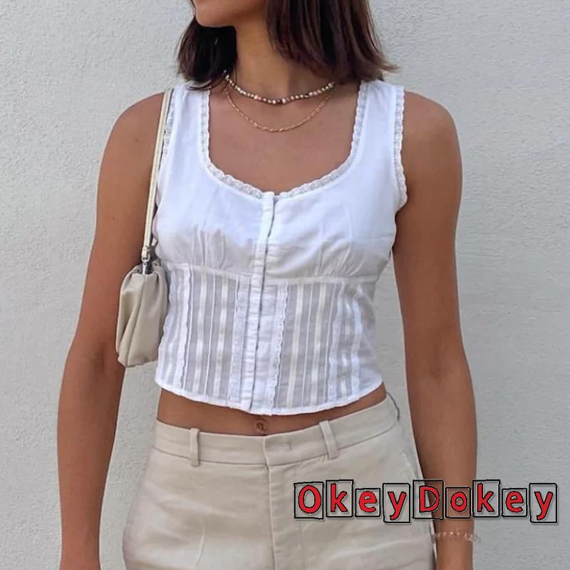 Áo Không Tay Cổ Vuông Viền Ren Cài Nút Thời Trang Dự Tiệc Cho Nữ