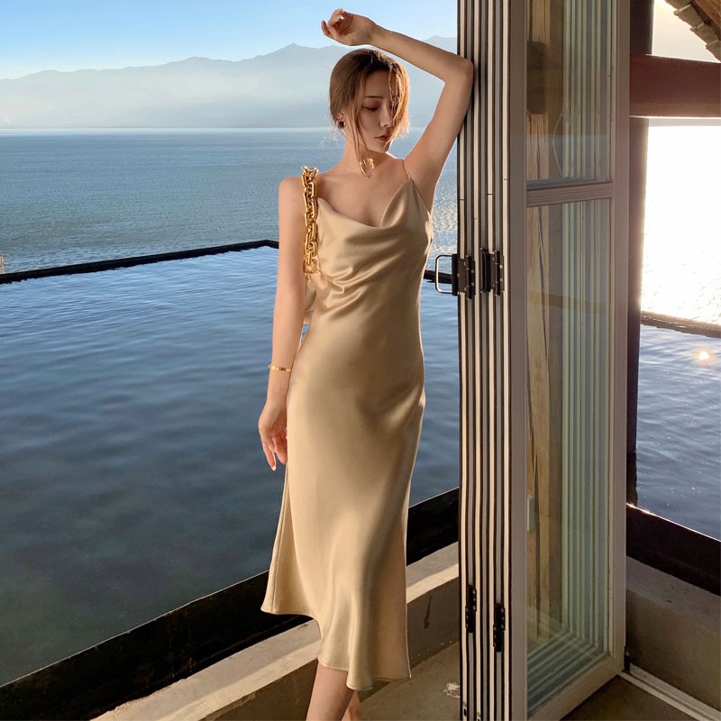 IELGY       Đầm Không Tay Hở Lưng Thời Trang Đi Biển Kiểu Pháp Cho Nữ