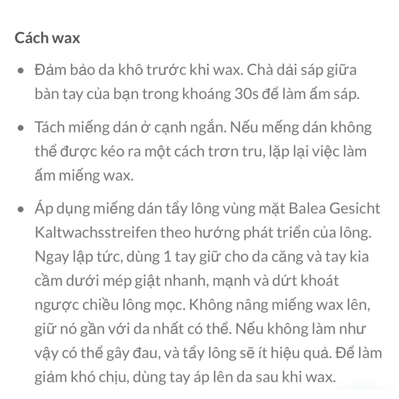(có che tên) MIẾNG WAX TẨY LÔNG RIA MÉP, TẨY LÔNG MẶT BALEA HỘP 20 MIẾNG