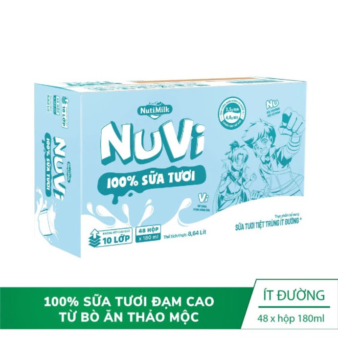 Lốc 4 hộp NuVi 100% Sữa Tươi – Sữa Tươi Tiệt Trùng Ít Đường hộp 180ml/hộp