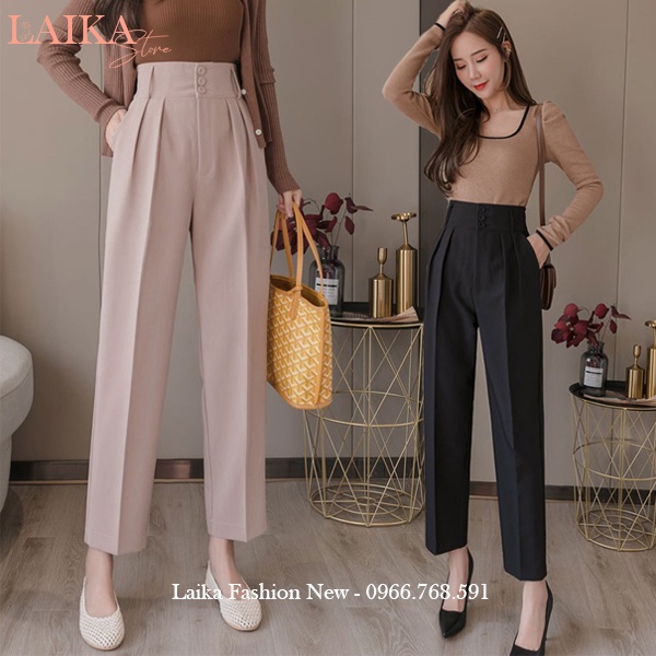 Quần baggy nữ cạp cao công sở bản to xếp ly phối 3 cúc dáng quần tây nữ lưng cao ống đứng vải dày mềm mặc đi học công sở