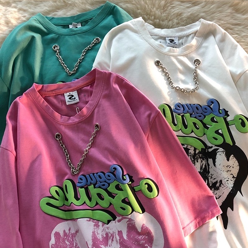 Áo Thun Tay Lỡ Phối Dây Xích Thời Trang Cá Tính 191159Phiên Bản Hàn Quốc In Áo Cổ Tròn Hợp Thời Trang