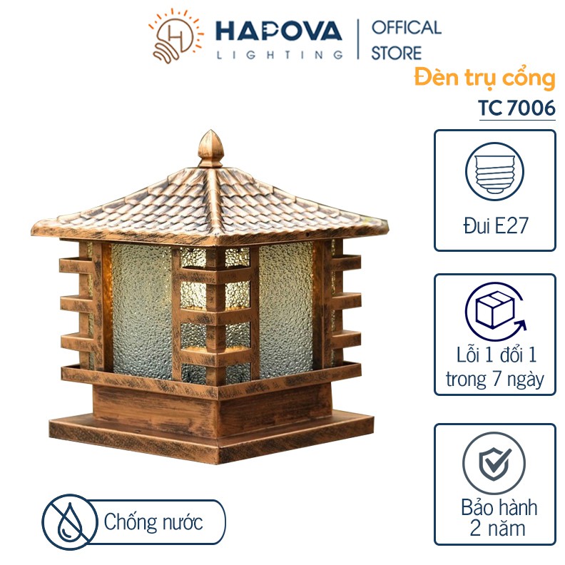 Đèn trụ cổng mái chùa, đèn trang trí ngoài trời cỡ 300mm HAPOVA TC 7006