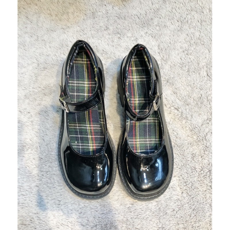 [ Thanh lý ] Giày Lolita đen bóng lót sọc caro | BigBuy360 - bigbuy360.vn