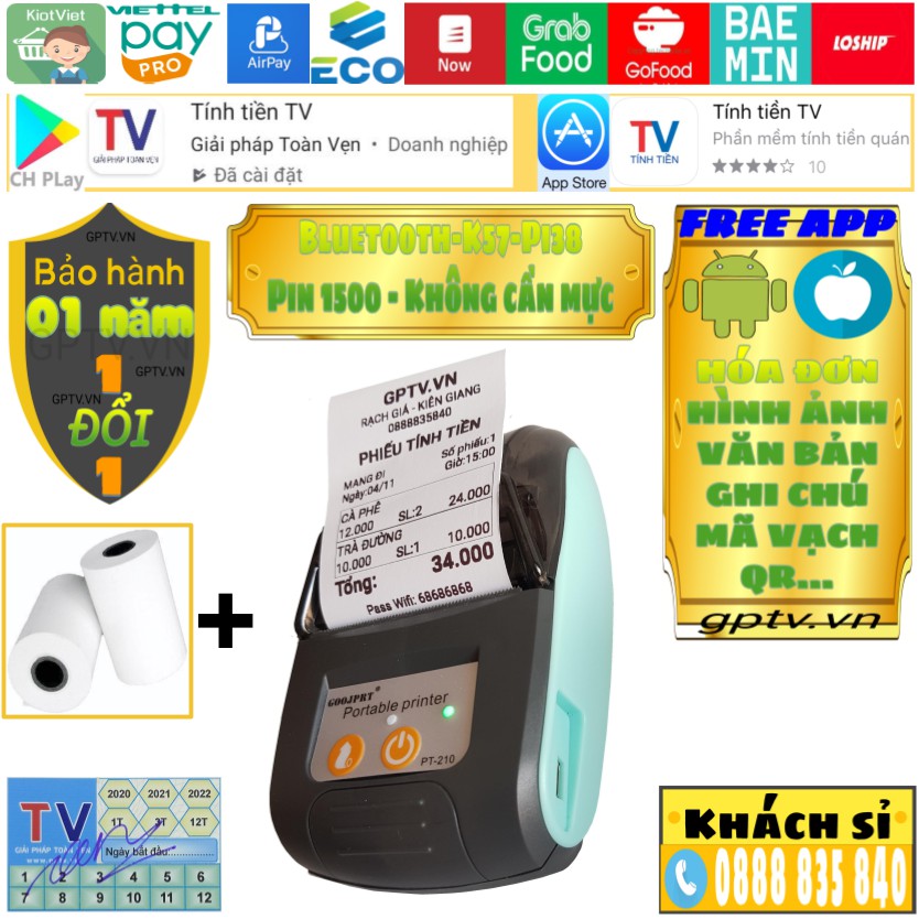 Máy in Bluetooth nhiệt Mini không dây KiotViet Viettelpay Airpay Sapo Suno Pos365 Tpos Nextlshop Loyverse in mã vạch | BigBuy360 - bigbuy360.vn