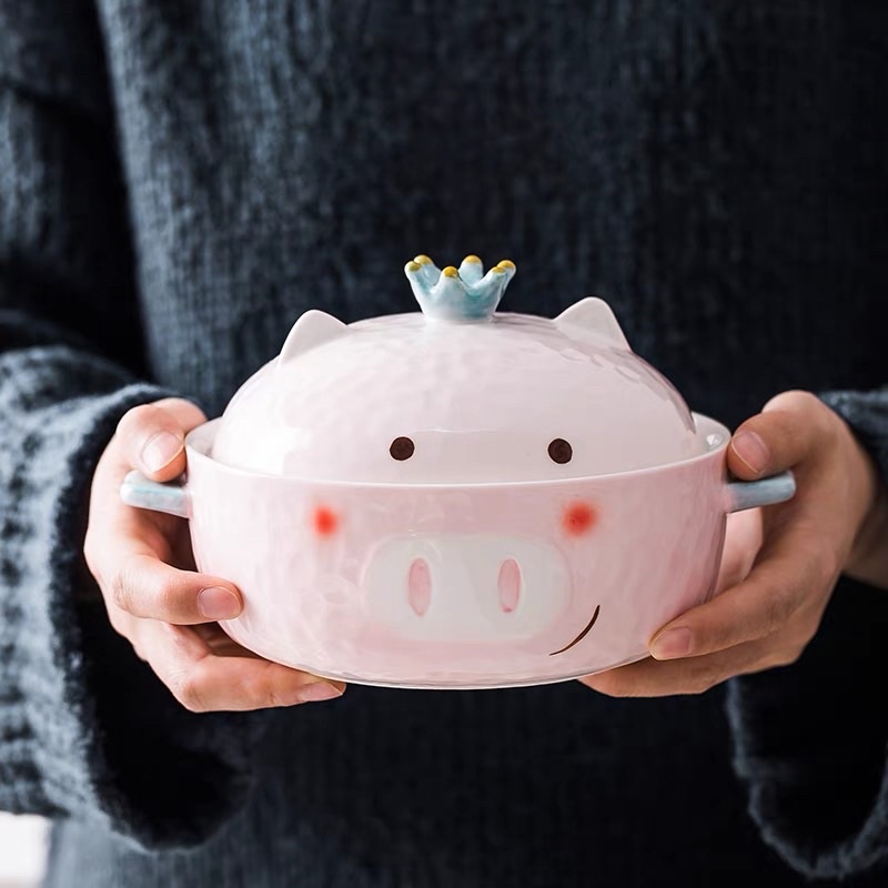 TÔ ĂN MÌ, THỐ SỨ CÓ NẮP ĐẬY HÌNH CHÚ HEO ĐỘI VƯƠNG MIỆN XINH XẮN ĐÁNG YÊU CÓ TAY CẦM