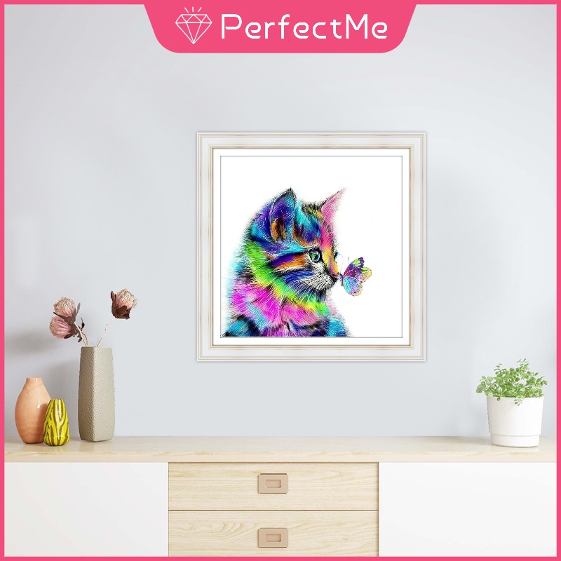 Bộ tranh đính đá 5D tự làm 30x30cm hình mèo và bướm dễ thương