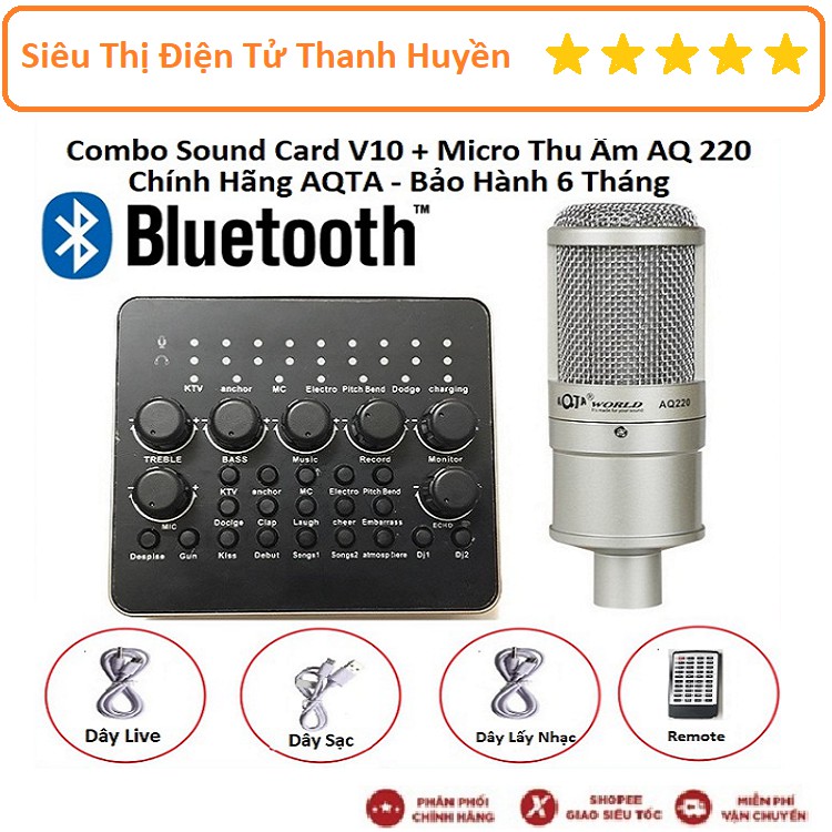 Combo Sound Card V10 Bluetooth Kèm Tay Điều Khiển + Micro Thu Âm AQ 220 Chính Hãng AQTA Bảo Hành 6 Tháng