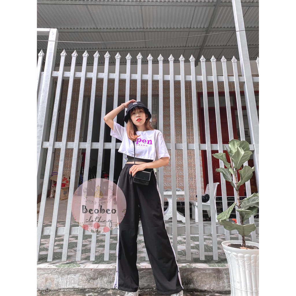 Quần culottes thun đen viền trắng phối nút bấm xẻ ulzzang