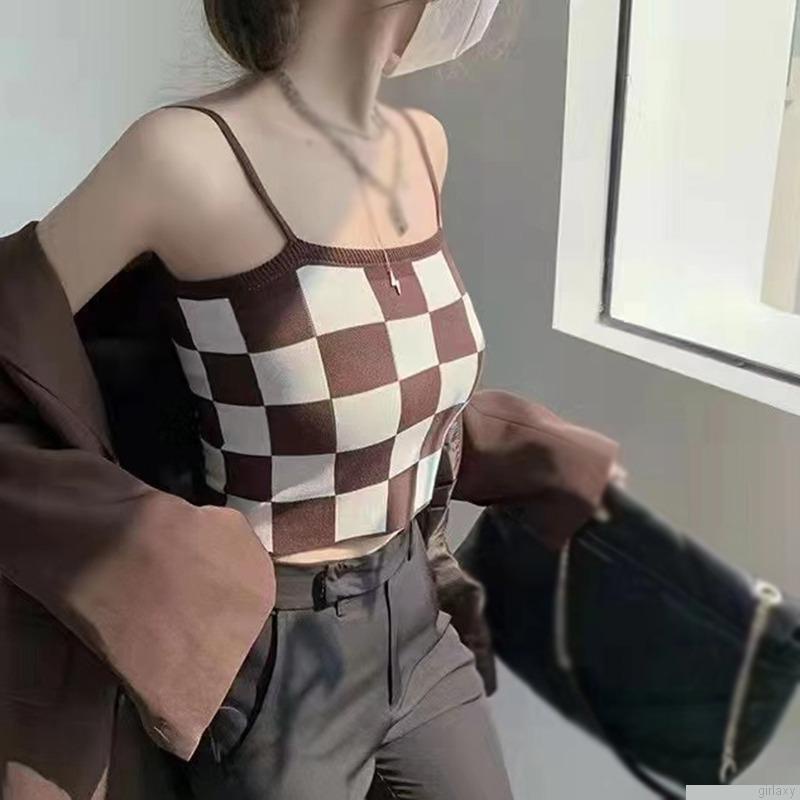Áo croptop hai dây họa tiết sọc caro thời trang dành cho nữ