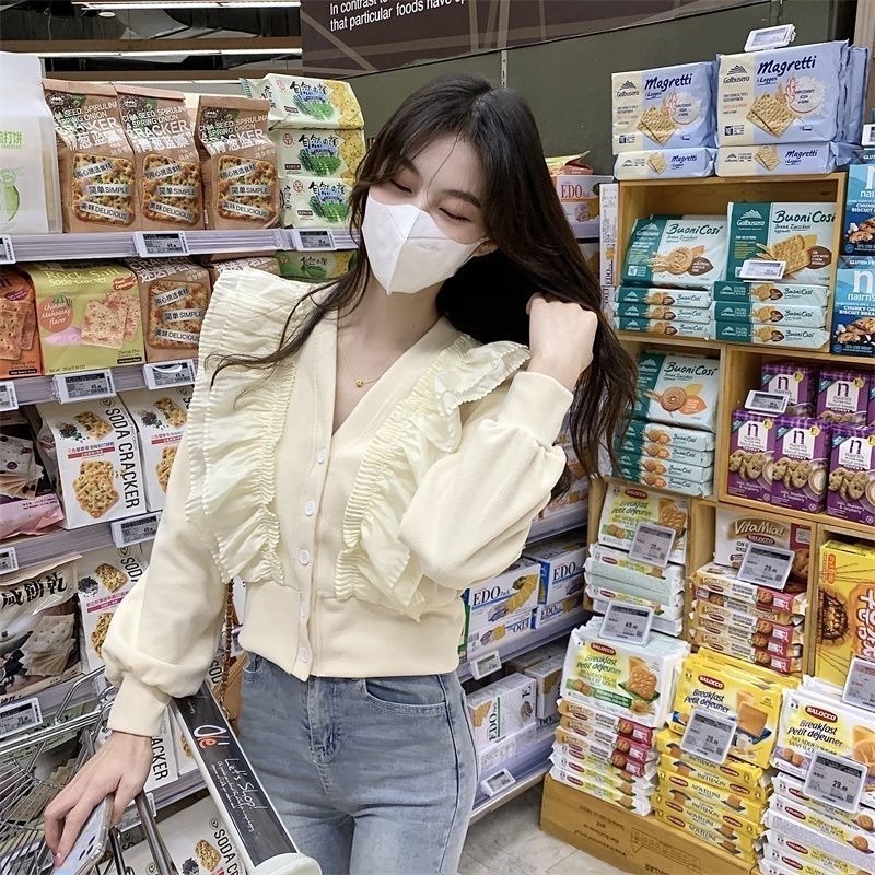 Áo Sơ Mi Tay Dài Cổ Chữ V Dáng Rộng Thiết Kế Nhún Bèo Phong Cách Mùa Đông Mới Cho Nữ