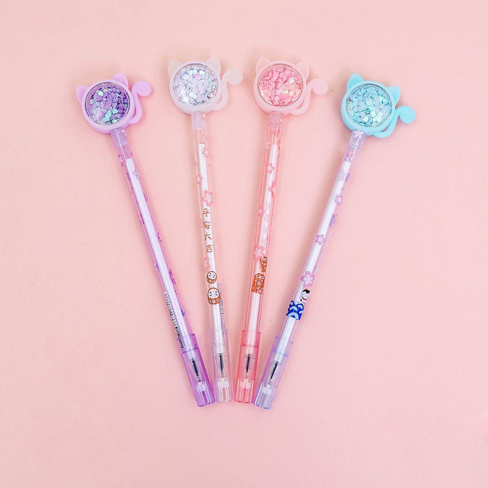 Bút Mực Gel Ngòi 0.5mm In Hình Mèo Đính Kim Sa Lấp Lánh