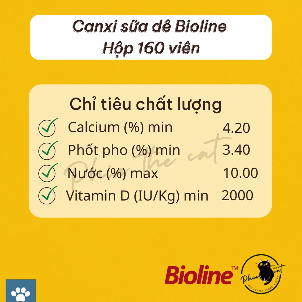 Canxi cho mèo Pet Nutritional Supplement BIOLINE - vitamin cho mèo - canxi sữa dê - Hộp 160 viên | phinthecat