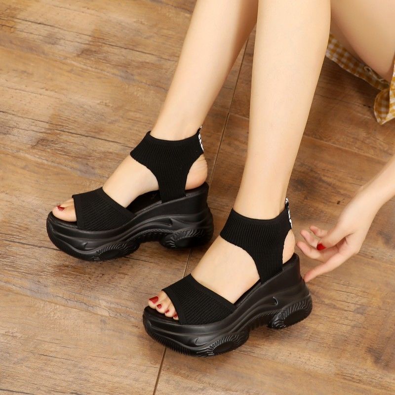 Giày Cao Gót Đi Biển Dệt Kim Co Giãn Thời Trang Mùa Hè