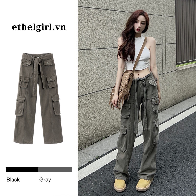 Quần ống rộng Lưng Cao Phong Cách retro Mỹ Cho Nữ