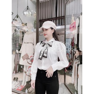 Áo sơ mi lụa tay bồng kèm nơ tháo rời cho nữ cao cấp