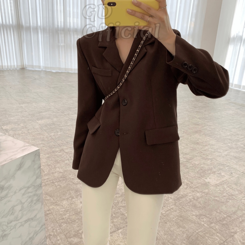 K75|Áo khoác blazer dài tay cổ điển chất cotton dày dặn thiết kế thanh lịch cho nữ dài tay rộng rãi đen, nâu,GD Official