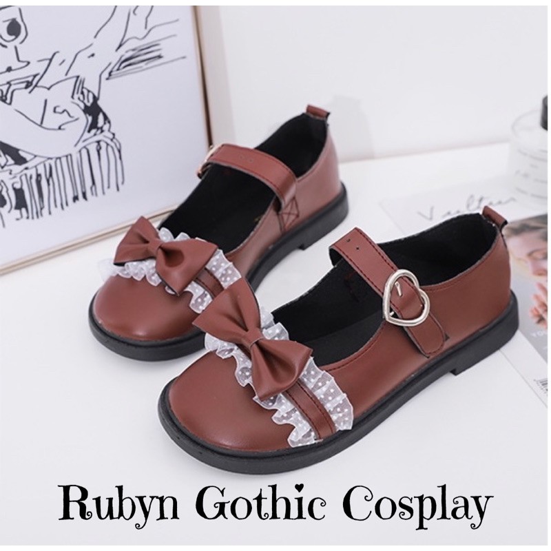 [CÓ SẴN]  Giày Búp Bê Lolita Mary Janes phối Nơ Ren quai dán khoá trái tim ( Size 35 - 39 )