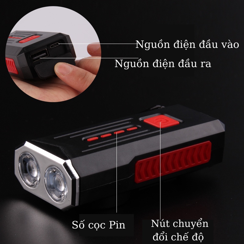 Đèn pha xe đạp thể thao LY22 siêu sáng 2 Bóng Led nhiều chế độ chống nước còi to tặng kèm sạc pin USB