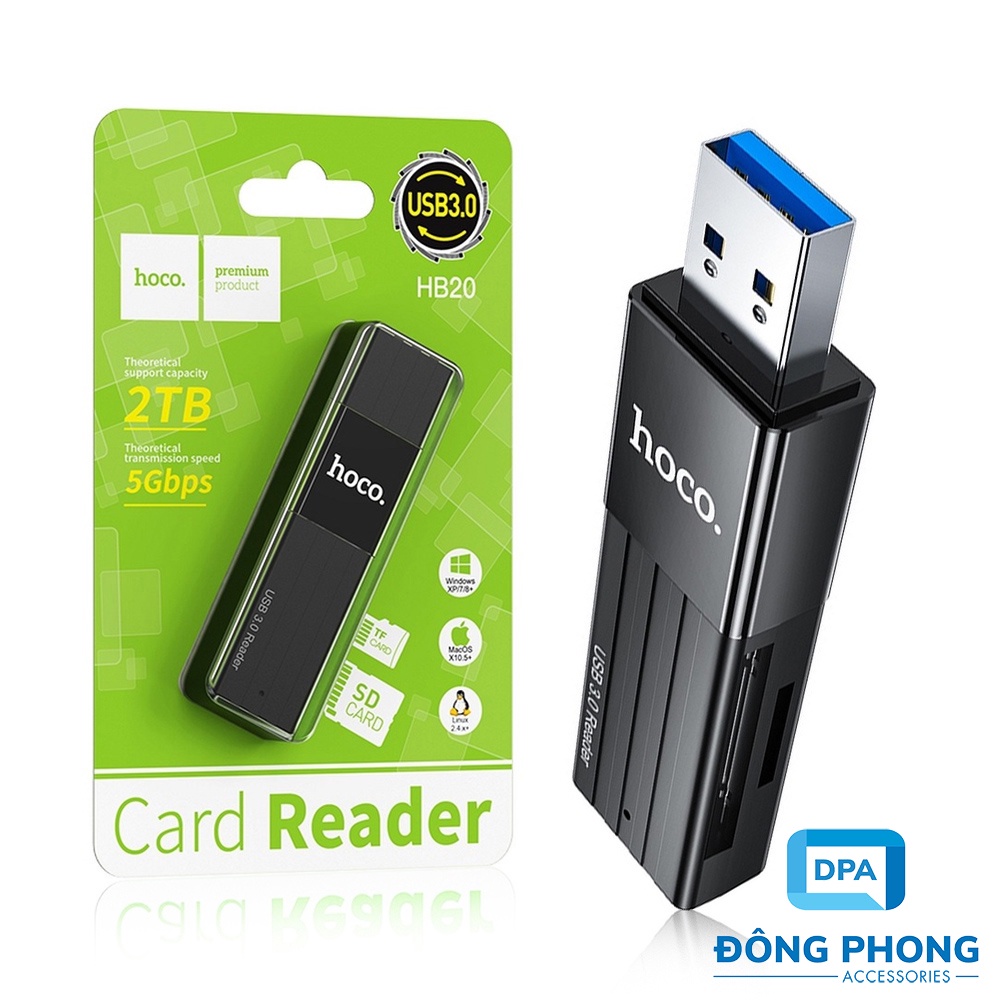 Đầu Đọc Thẻ Nhớ 3.0 Hoco HB20 Chính Hãng, Khe Cắm Thẻ SD &amp; Micro SD