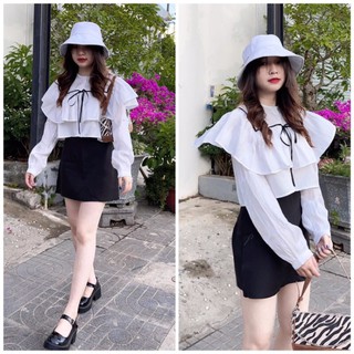 Áo croptop satin trắng viền bèo tay dài phồng thắt nơ đen