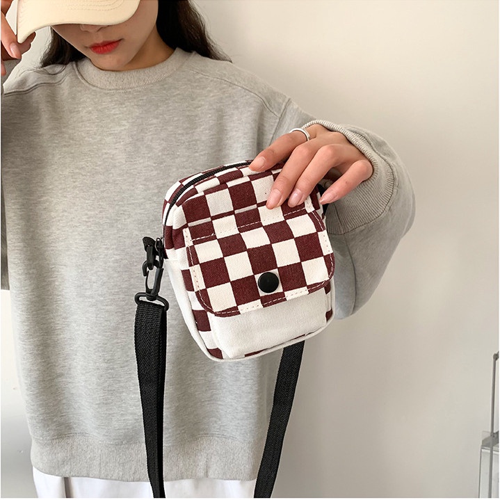 Túi canvas đeo chéo đeo vai nam nữ đẹp style Hàn Quốc Caro nhiều màu dễ thương cỡ nhỏ đựng điện thoại son môi tiện lợi