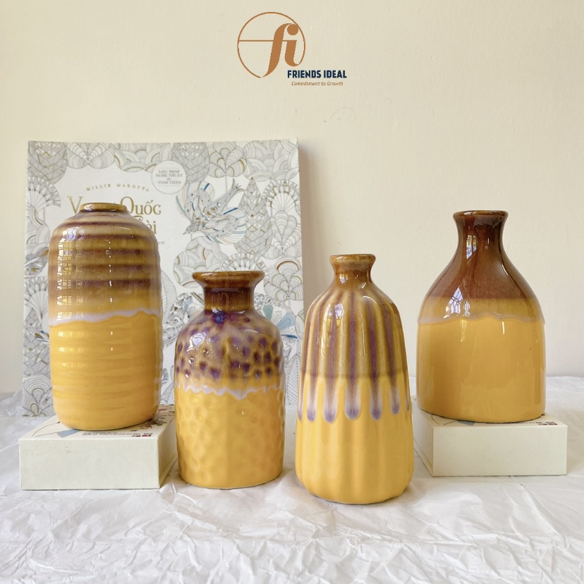 Lọ hoa mini màu vàng nâu, bình hoa gốm Bát Tràng, men hoả biến, decor trang trí mẫu đa dạng
