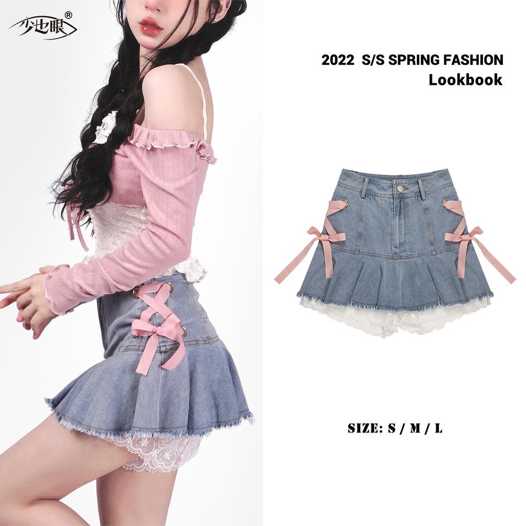 Y2k Bán Chạy Chân Váy Ngắn Màu Hồng Dây Denim Phối Lưới Màu Hồng Mắt Few Và Dây Băng Quấn Tốt Cho Nữ