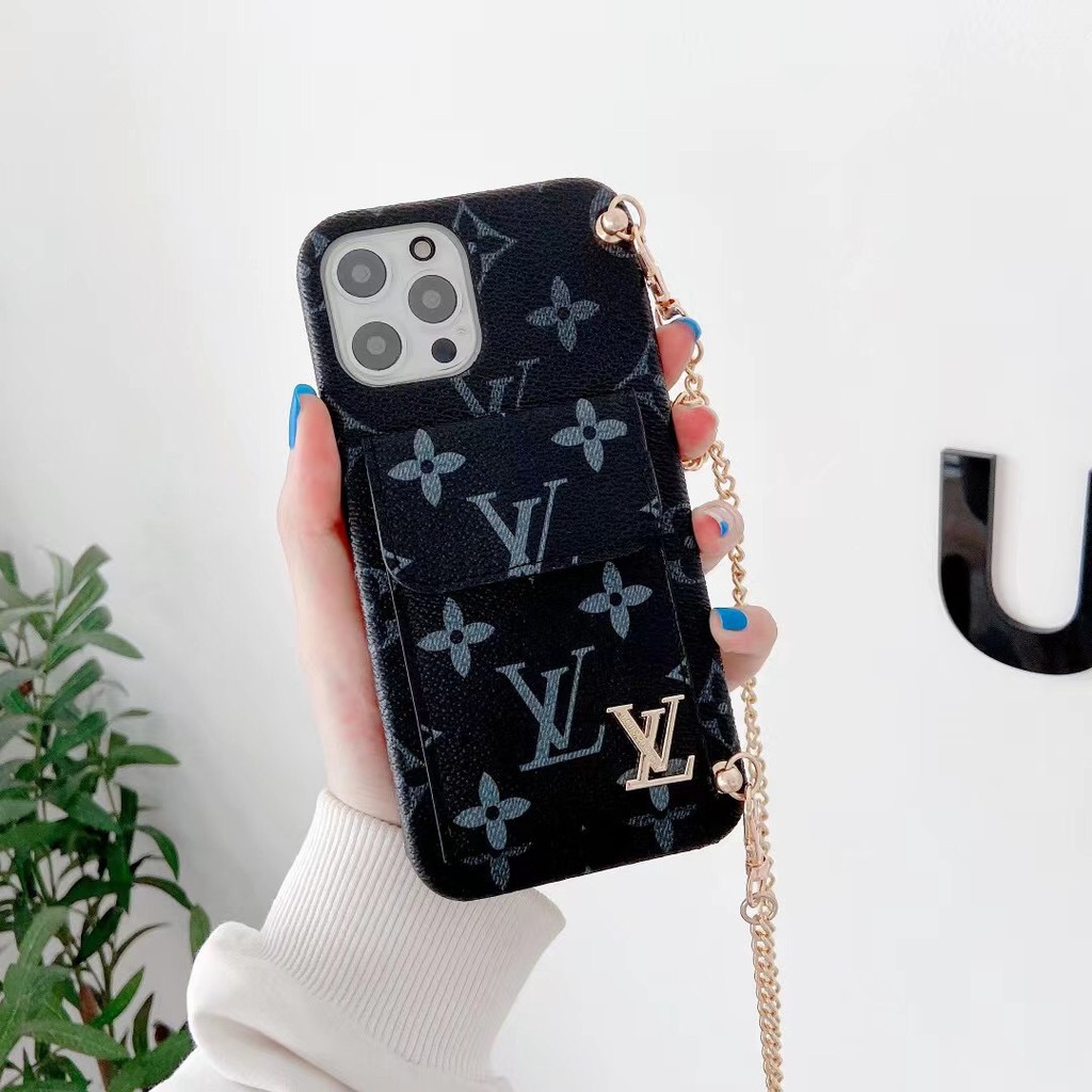 Ốp Điện Thoại Da Chống Nổ In Logo Lv / Gc Có Ngăn Đựng Thẻ + Dây Đeo Kim Loại Cho Iphone12.12Pro. 12promax. Iphone11.11Promax.Iphone 8 7 6 6s Plus X Xs Max Xr