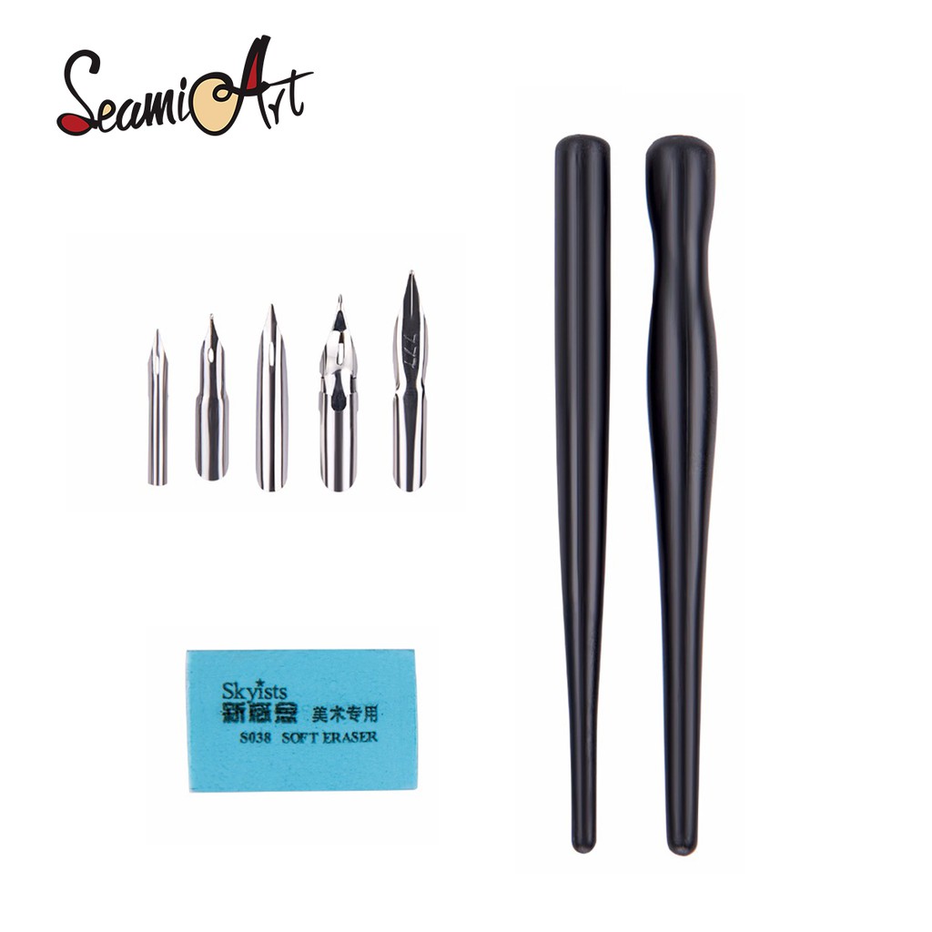 SeamiArt Bộ 5 ngòi bút + 2 tay cầm bút vẽ + gôm chuyên dụng