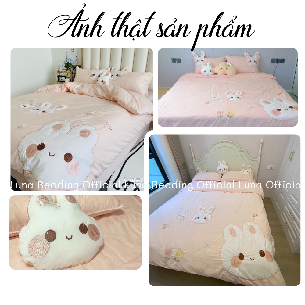 Bộ Chăn Ga Gối Cotton Linen 5 Món Thỏ Hồng Luna Bedding