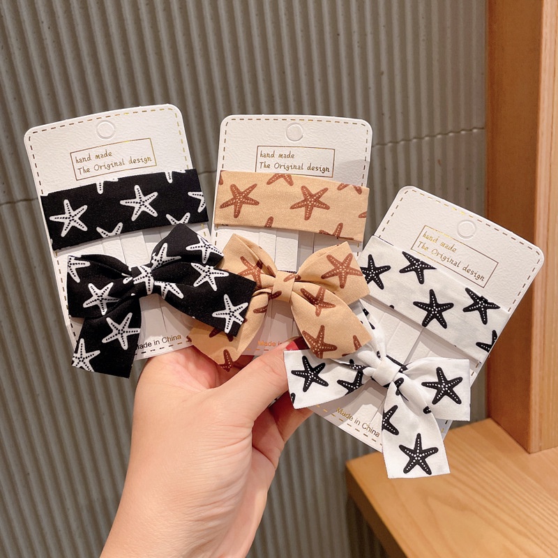 Kẹp tóc bb dáng vuông và nơ buộc làm từ vải họa tiết sao biển bắt mắt