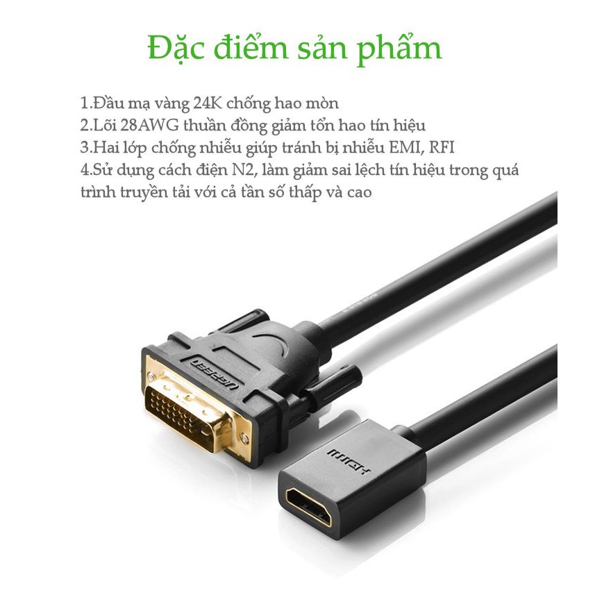 Đầu chuyển đổi DVI-D (24+1) đực sang HDMI cái dài 20CM UGREEN 20118 (màu đen)