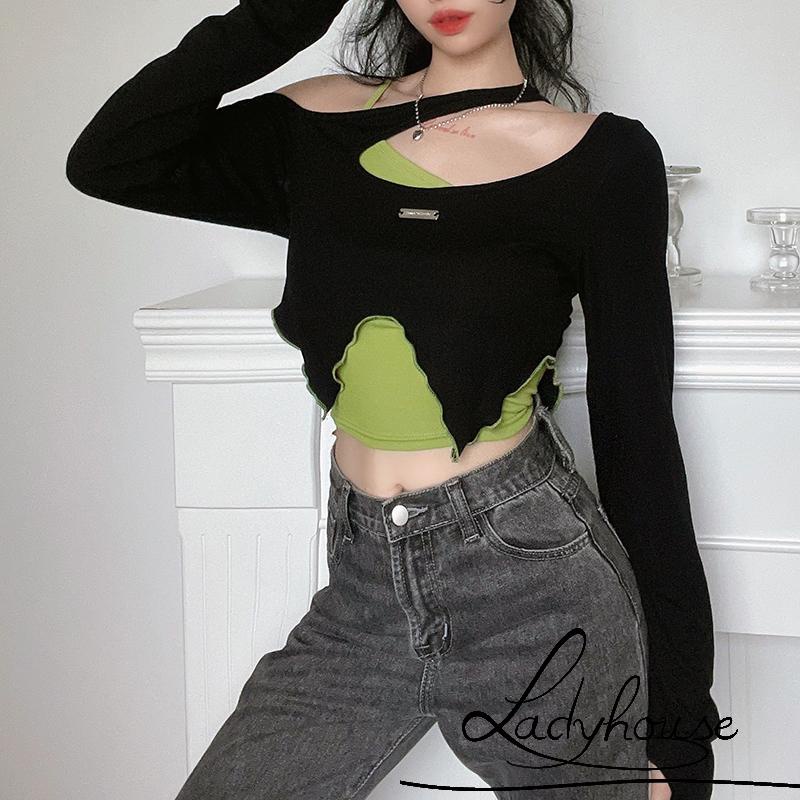 Bộ Trang Phục 2 Mảnh Áo Thun Tay Dài Lệch Vai + Áo Thun Tay Dài Màu Khối Dành Cho Nữ
