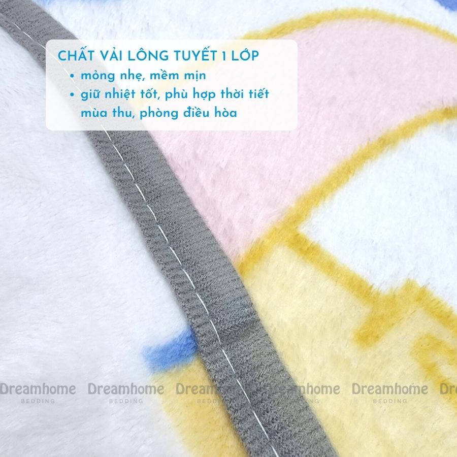 Chăn lông tuyết cho bé DREAMHOME mỏng nhẹ 1mx1m4 dùng mùa hè thu, 2 mặt tuyết in hình thú cho trẻ em