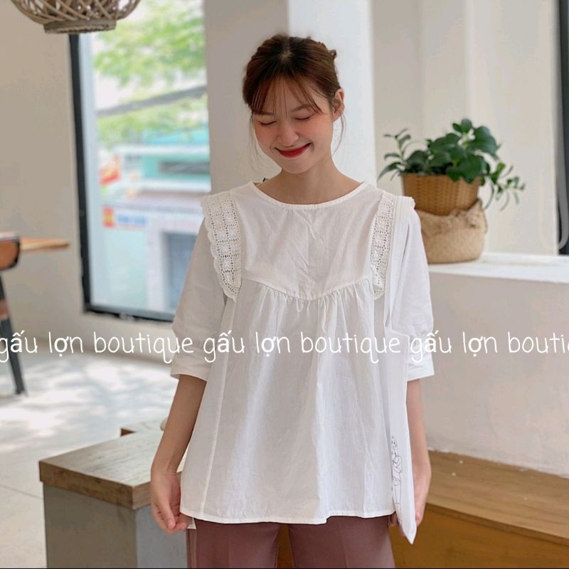 áo babydoll cộc tay ren vai vintage ảnh thật