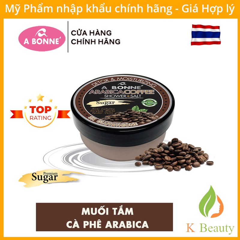 Muối tắm cà phê kết hợp đường tẩy tế bào chết, A Bonne Arabica Coffee Shower Salt, muối tắm cafe Thái Lan dạng hũ 350gr