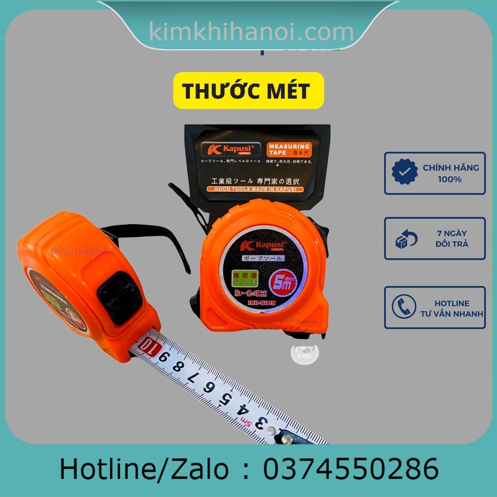 Thước Rút, Thước Cuộn Thép 5m Kapusi Nhật Bản vỏ nhựa ABS Chống sốc, số in sắc nét, 2 khóa hãm