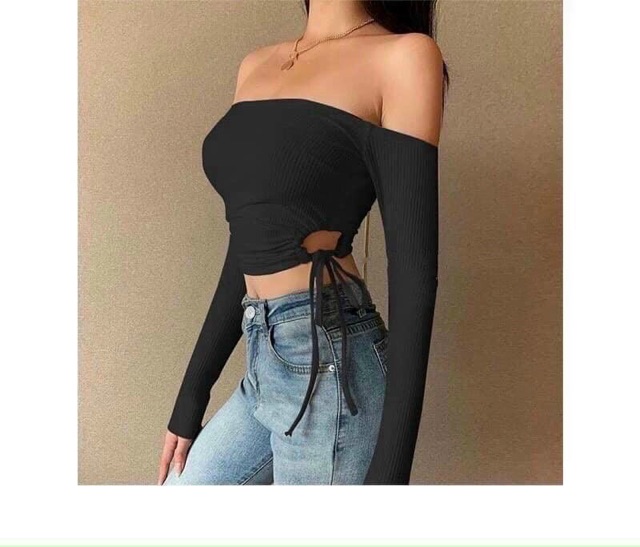 Áo croptop trễ vai cột nơ eo