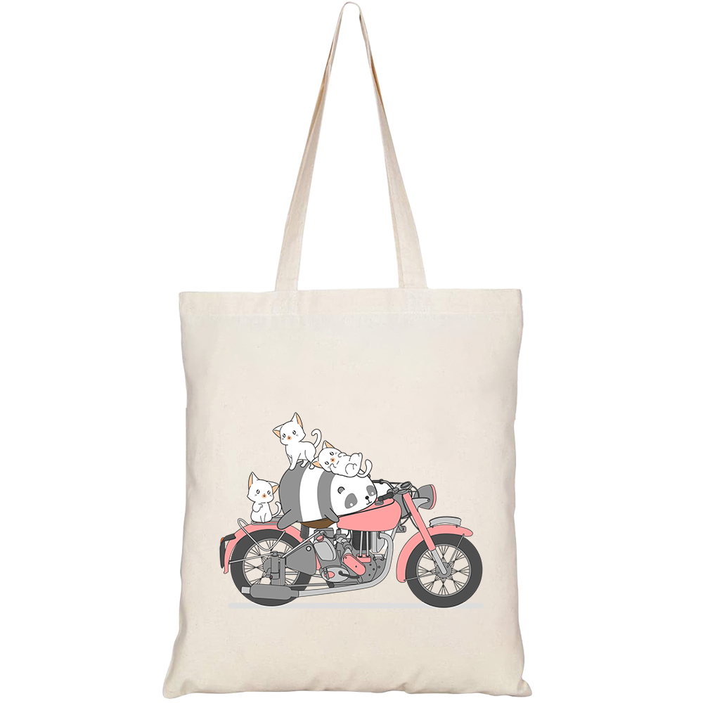 Túi vải tote canvas HTFashion in hình họa tiết Gấu trúc chạy moto HT55