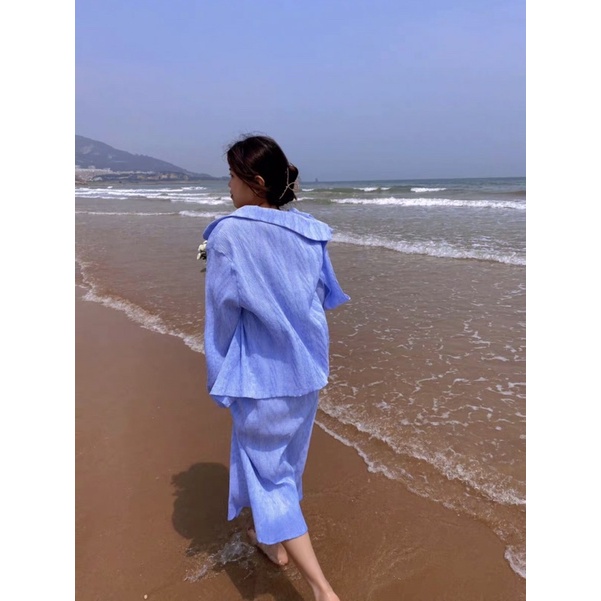 Set áo sơ mi + chân váy dài vintage phong cách hàn quốc siêu xinh
