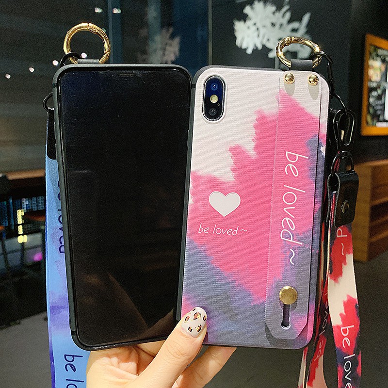 IPhone 12 Mini 11 Pro Max X XS Max XR 7 8 Plus 4 Colors Abstract Color Love Soft TPU Case Full Cover + Wristband+Long Rope GNC 614 - 617