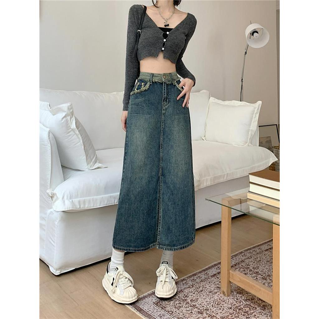 Chân Váy Jean Dài Lưng Cao Xẻ Tà Thời Trang Cho Nữ