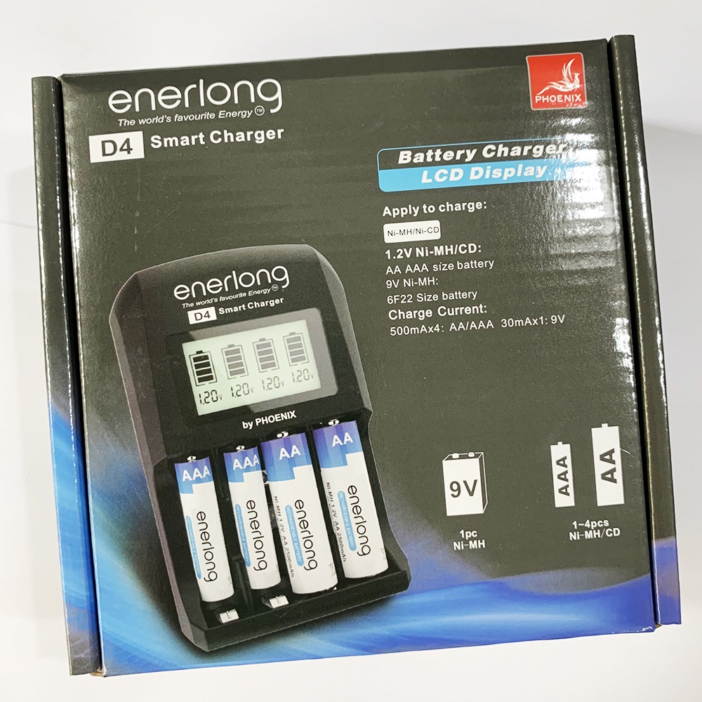Máy sạc pin AA, AAA, 9V ENERLONG D4 Smart charger (Hàng nhập khẩu) - Có màn hình hiển thị V và dung lượng pin sạc