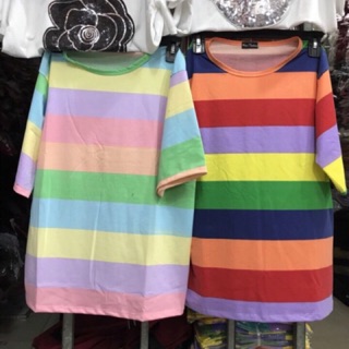 ÁO THUN TAY LỠ Thun thái sọc cầu cầu vòng . Co ảnh thật