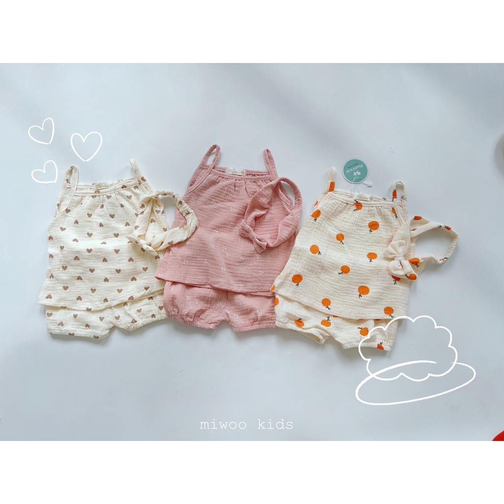 [6-20kg] Set Bộ Xô Muslin Sợi Tre In Họa Tiết Kèm Turban Xinh Xắn Miwoo Kids cho Bé Gái