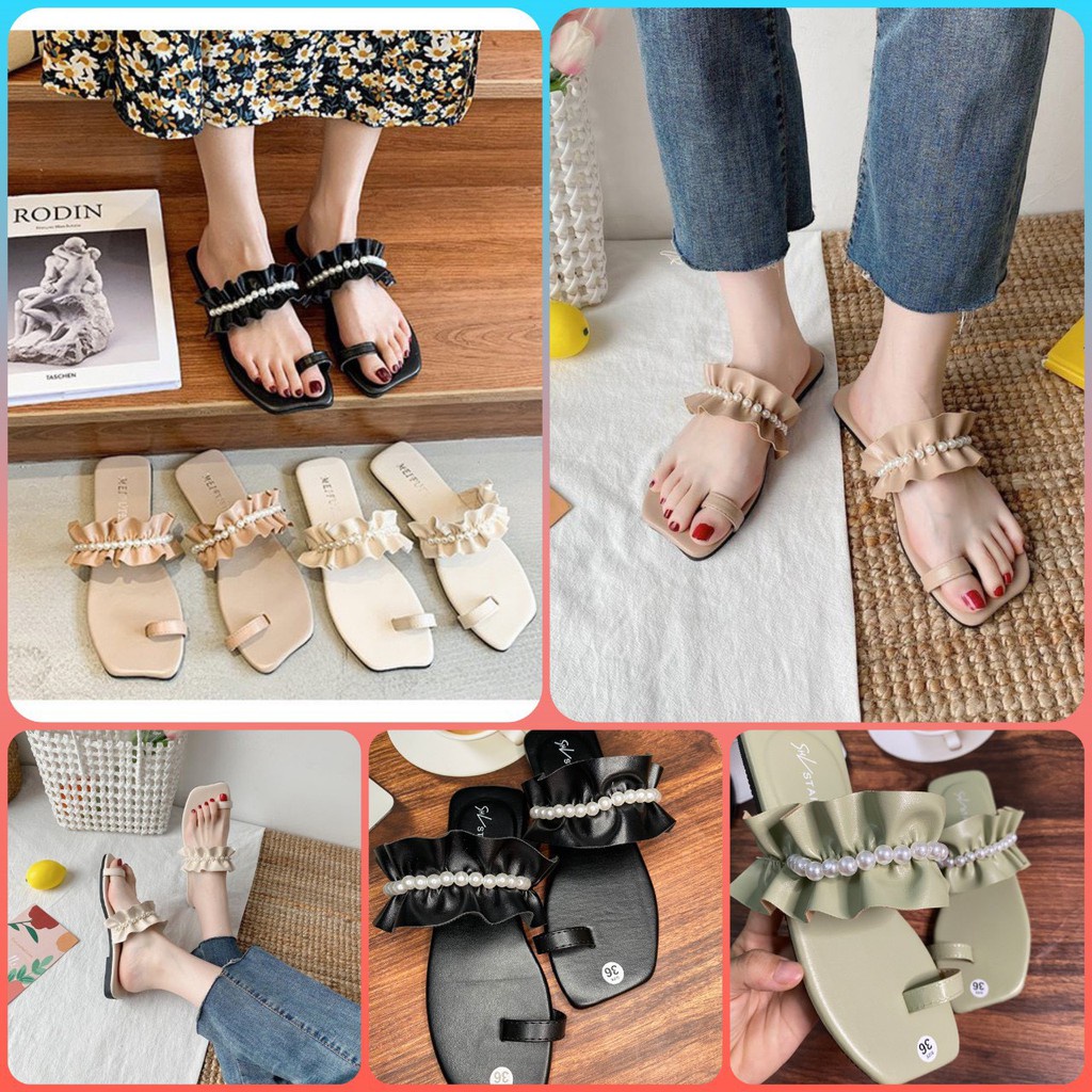 Dép Bệt Xỏ Ngón Quai Ngang Nhúm Nhúm Đính Ngọc Kiểu Dáng Mới Nhà YUME STORE 68