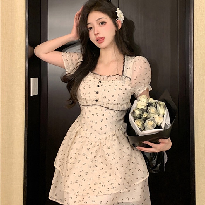 Đầm ZHELIHANGFEI tay phồng cổ vuông họa tiết hoa thời trang dành cho nữ