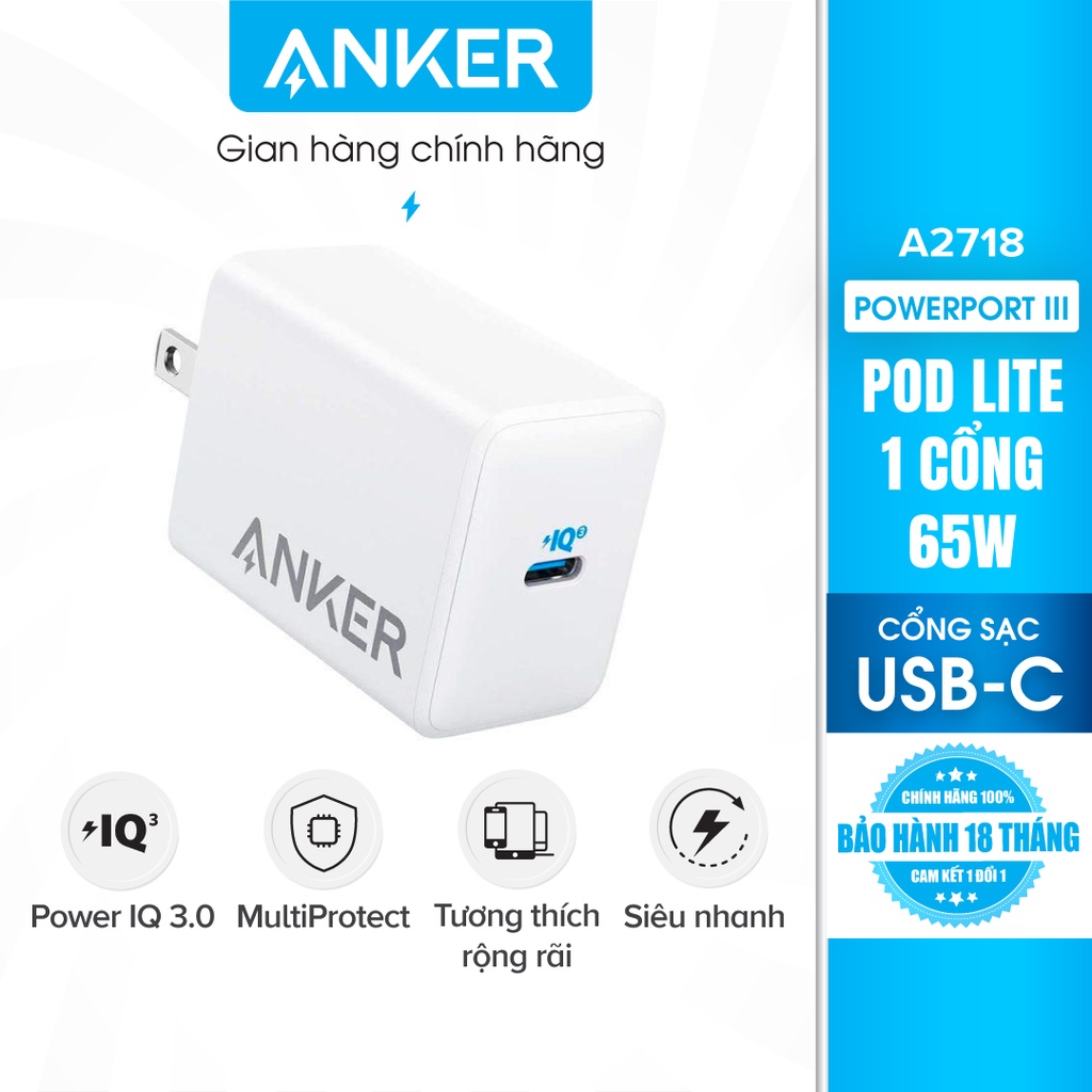 Sạc Anker 1 cổng PowerPort III Pod Lite 65w - A2718