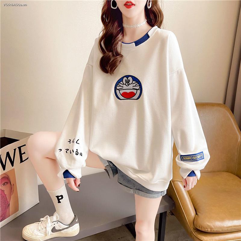 Doraemon Áo Thun Tay Dài Dáng Rộng In Hình Mèo Máy Hoạt Hình Thời Trang Thu Đông Hàn Quốc Cho Nữ